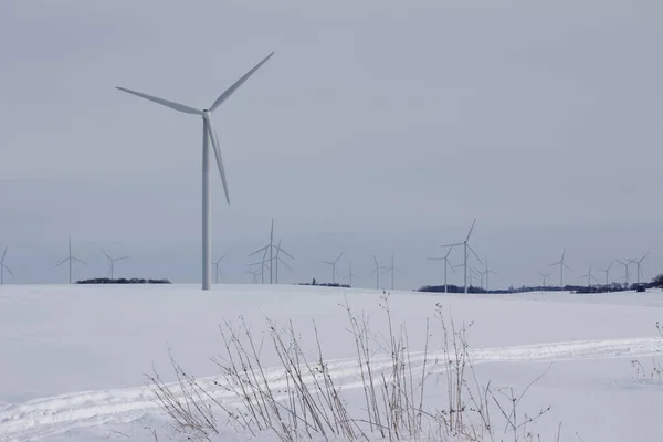 Landscape view of giant wind turbines in a snowy rural agricultural setting