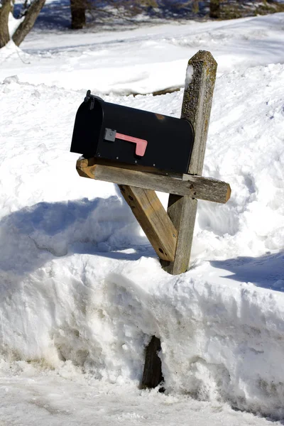 Close Rural Mail Box Newly Snow Plowed Road Sunny Winter — Stock Photo, Image