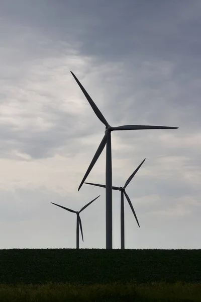 Upward silhouette of three giant wind turbines on an agricultural field with overcast sky