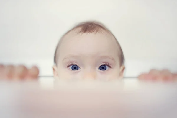 Amazed child looking behind the wall. Curious baby climbs out. Little girl with beautiful blue eyes. Child look at you. Hey, I see you!