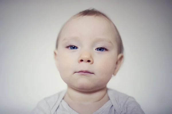 Little Baby Looking Camera Girl Funny Expression Toddler Blue Eyes — Stock Photo, Image