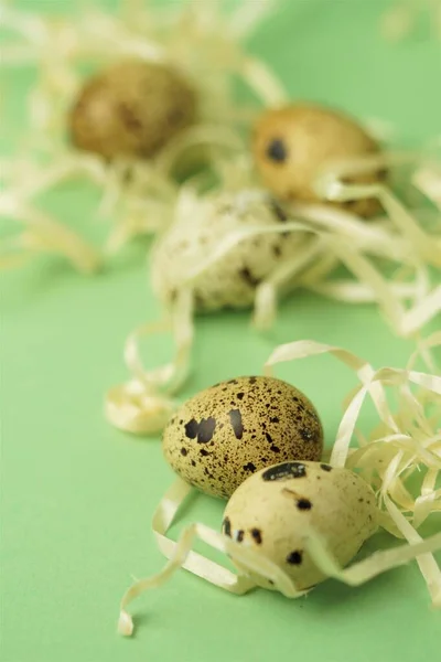 Quail Eggs Straw Close Green Background Easter Holiday Symbol Easter — Stock Photo, Image