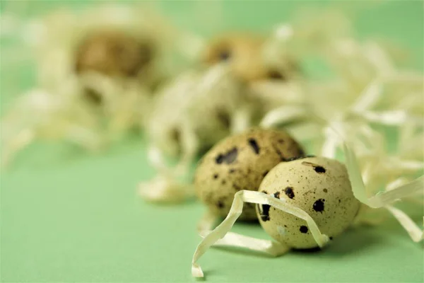 Wachteleier Aus Stroh Großaufnahme Auf Grünem Hintergrund Osterfeiertagsymbol Ostergrußkarte Kopierraum — Stockfoto