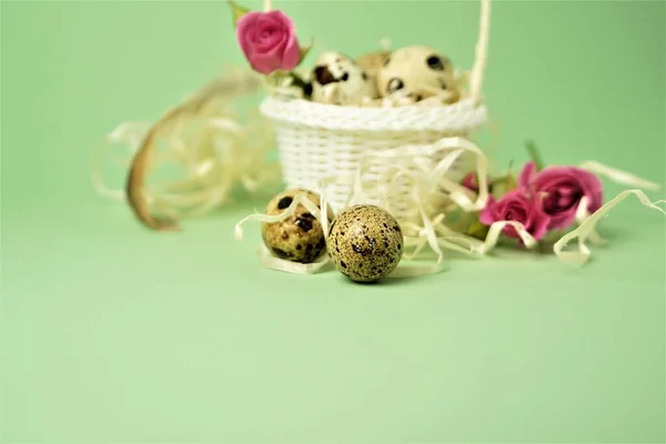 Белая Плетеная Корзина Наполненная Соломой Маленькими Розовыми Розами Перепелиными Яйцами — стоковое фото