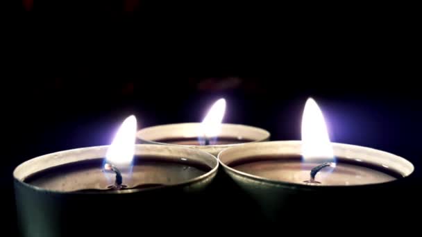 Group Three Burning Candles Black Background Close Concept Comfort Romance — Stock Video