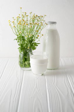 Kefir içeceği beyaz ahşap arka planda fotokopi alanı ile birlikte. Dikey oryantasyon. Bağırsak sağlığı kavramı.