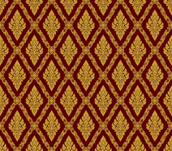 Seamless Pattern, Golden Thai Art On Red Background. — 스톡 벡터