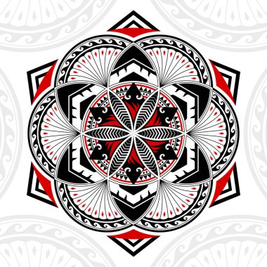 Tayland desenli karışık Polinezya sanatı, daireler şeklinde Mandala sanatı, altı köşeli yıldızlar ve beyaz arka planda siyah-kırmızı çizgiler..