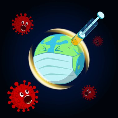 Dünya Covid-19 Coronavirus 'a karşı aşı ile korunuyor. Çizgi film Kavram Vektörü İllüstrasyonu.