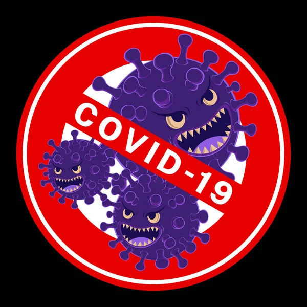 Stop Simbolo Covid Corona Virus Sfondo Nero Tre Virus Viola — Vettoriale Stock