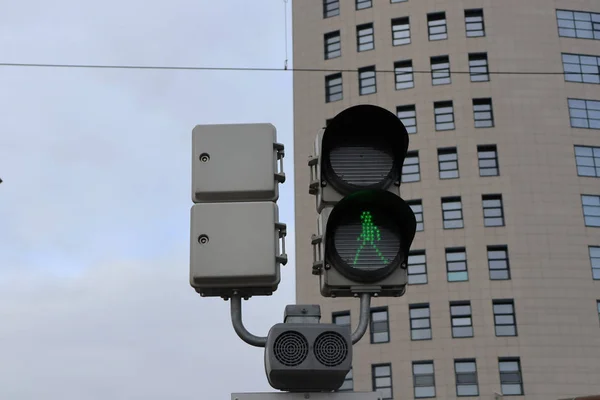 Traffic light with green light in the form of a pedestrian icon. Crosswalk