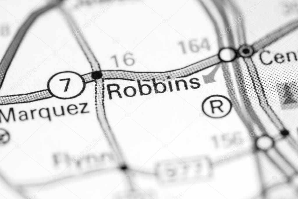 Robbins. Texas. USA on a map