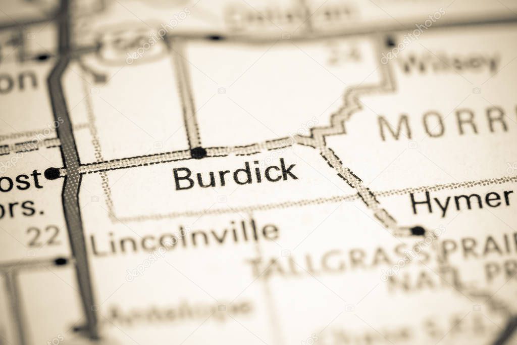 Burdick. Kansas. USA on a map