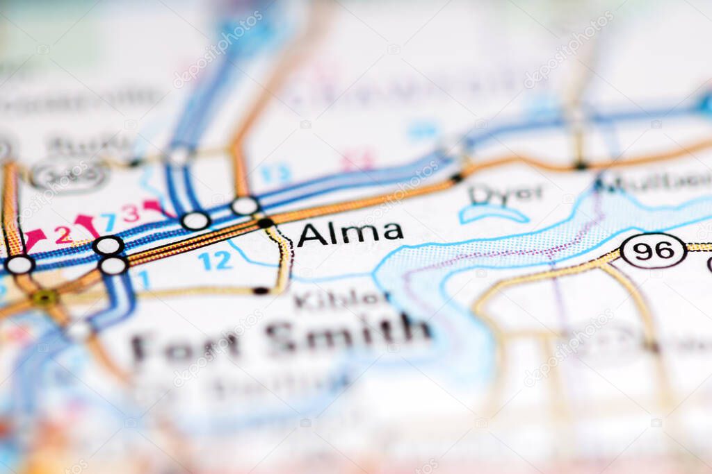 Alma. Arkansas. USA on a geography map