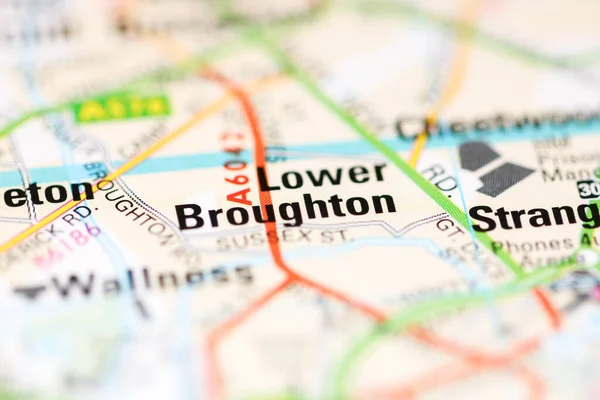 Lower Broughton Sobre Mapa Geográfico Reino Unido — Fotografia de Stock