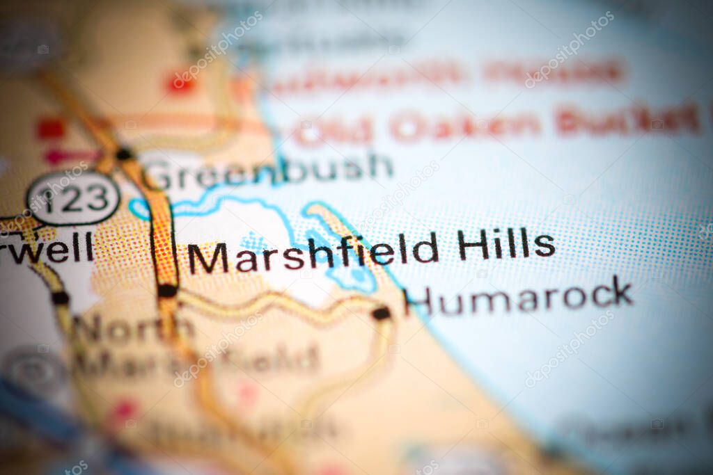 Marshfield Hills. Massachusetts. USA on a geography map