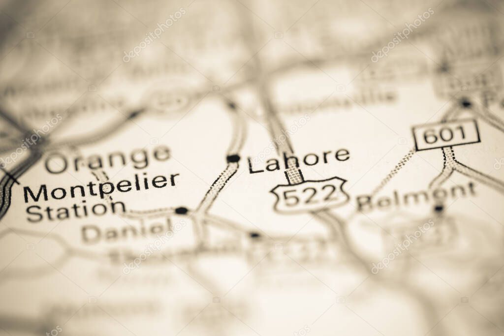 Lahore. Virginia. USA on a geography map