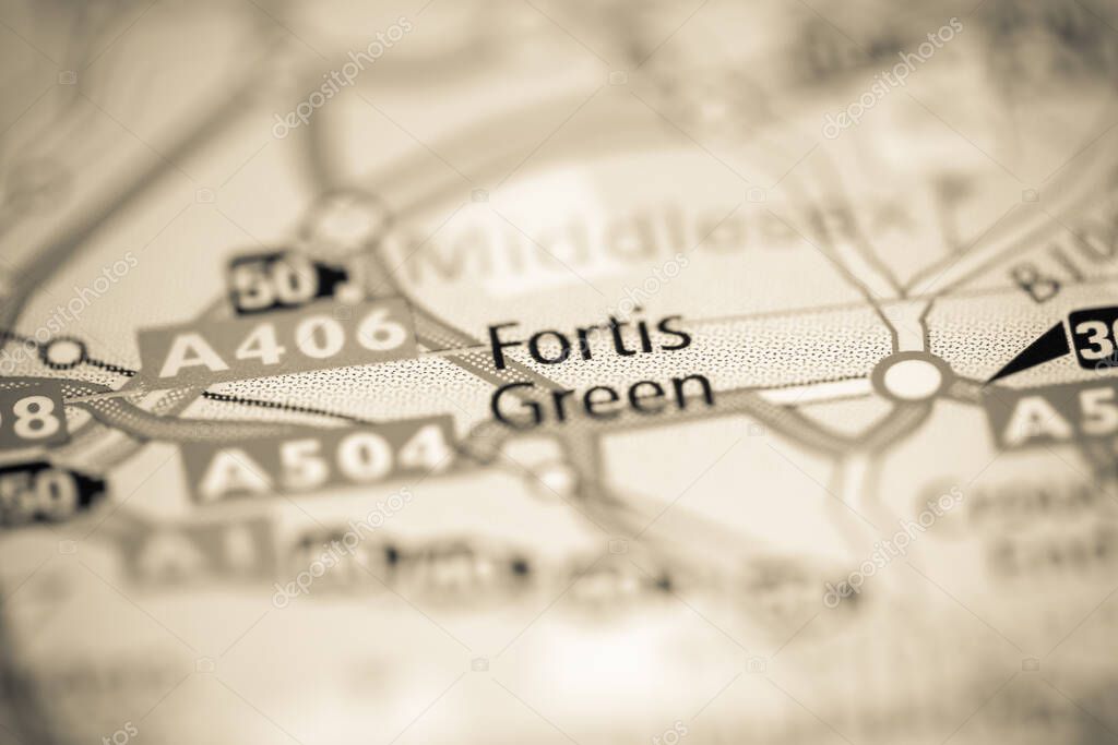 Fortis Green. United Kingdom on a geography map