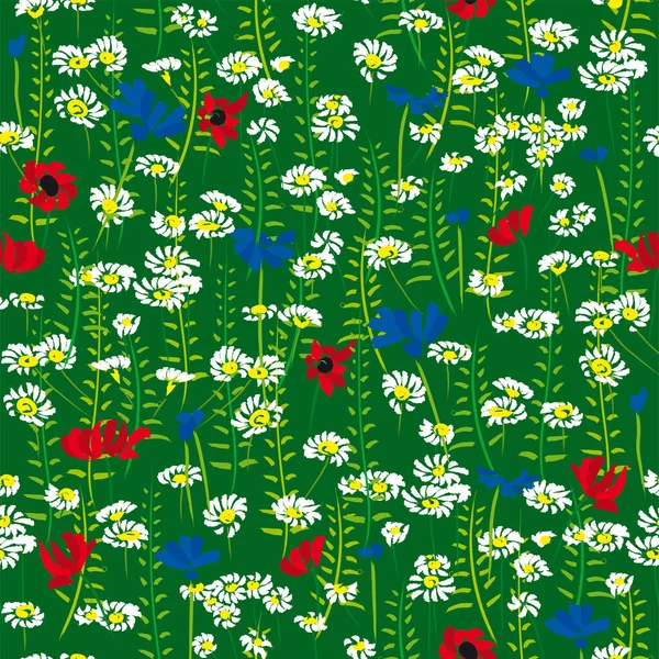 Красивые Яркие Полевые Цветы Бесшовный Узор — стоковый вектор