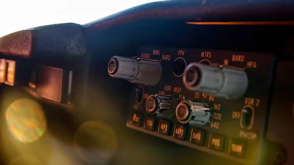 Fechar Detalhes Macro Sobre Interruptores Controle Cockpit Avião Com Bela — Fotografia de Stock