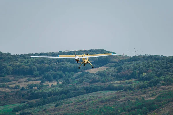 Açık gökyüzü ve yeşil bitki örtüsü tepeleri olan bir günde uçak çekme planörü. Doğruca bir kuş sürüsüne uçmak, en büyük havacılık tehlikelerinden biri.