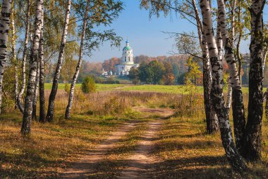 Kırsal bir yol, huş ağaçları, geniş bir tarla ve güneşli bir Eylül gününde tepede bir kilise..