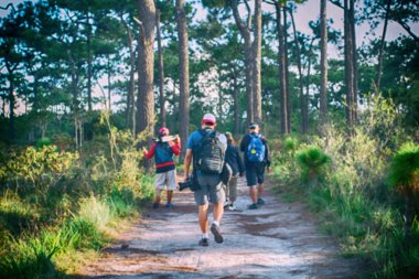 Kamp dostluk Backpacker ve kamp orman yürüyüş bulanık 