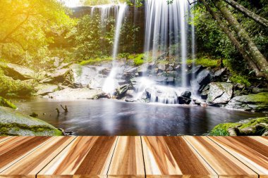 Perspektif ahşap ve boş top şelale derin ormanının içinde ahşap