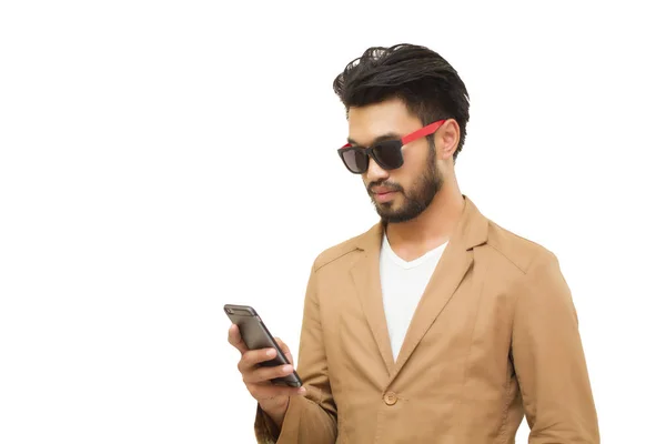 Asiático hombre de negocios guapo hombre con un bigote, sonriendo y lau —  Fotos de Stock