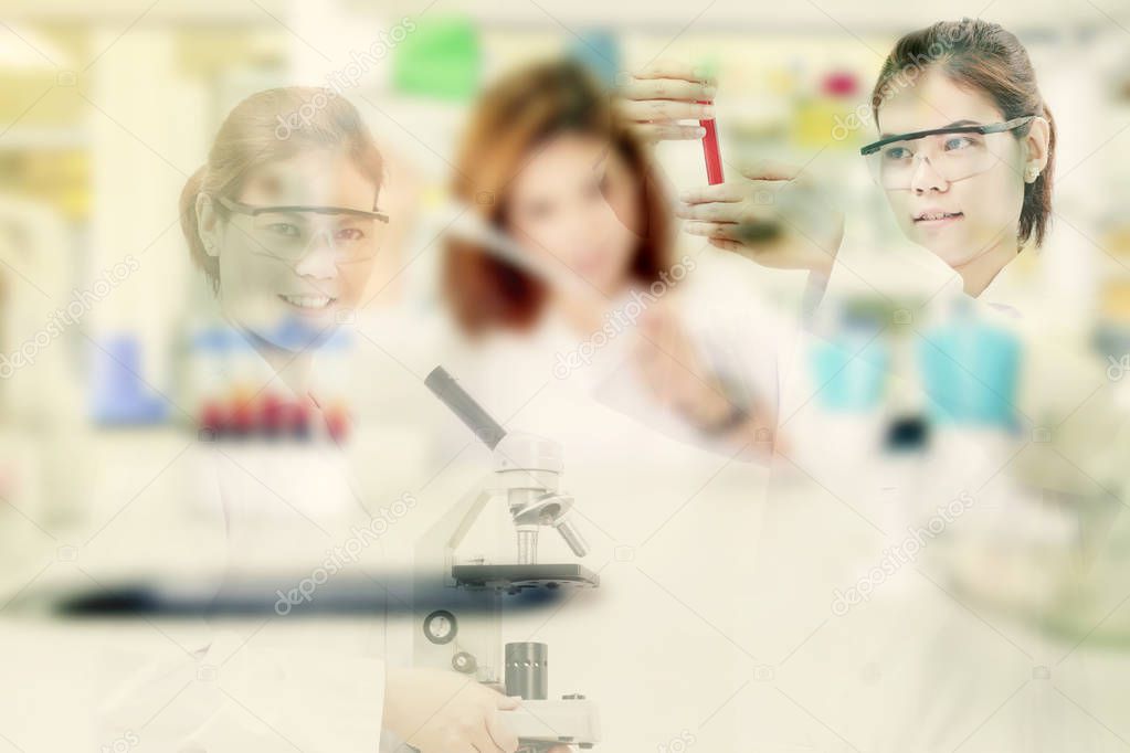 Double exposure Young female tech or women asia scientist workin