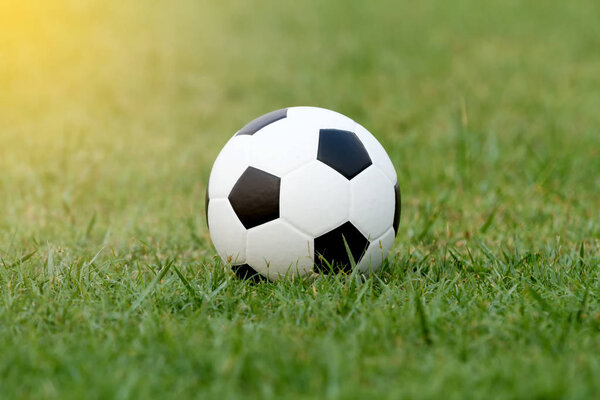 Футбольный мяч и футбол на траве на футбольном стадионе под солнцем
