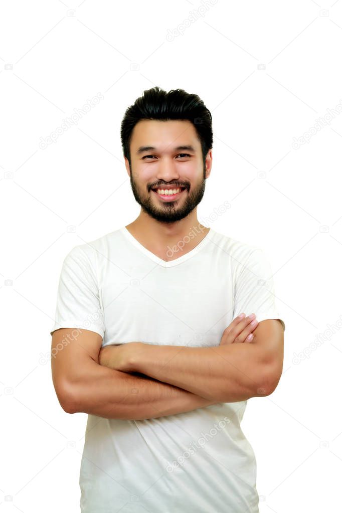 Asian handsome man with a mustache, smiling and laughing