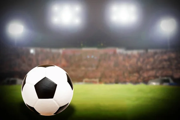 Soccer Ball On Green Field of football stadium for background — Stock Photo, Image