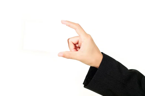 Businesswoman asia holding and shown a business card on white ba — Stock Photo, Image