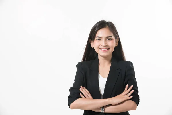 Aziatische zakelijke vrouwen zijn glimlachend en gelukkig werken op witte achterzijde — Stockfoto