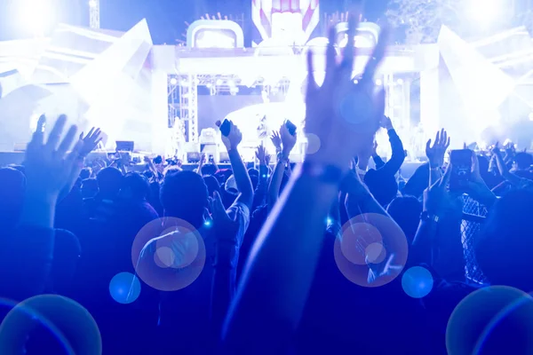 Silhouettes of concert crowd at Rear view of festival crowd rais — Stock Photo, Image