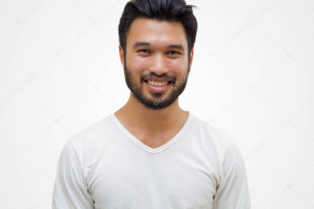 Asian handsome man with a mustache, smiling and laughing isolate