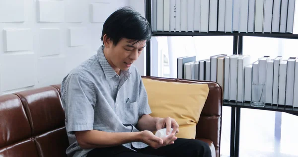 Asian Senior Man Taking Medicine Sofa Home — Stock Photo, Image