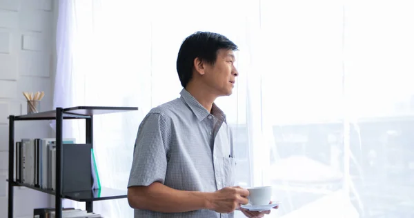 Senior Asian Man Drinking Coffee Relaxing Time — Stock Photo, Image