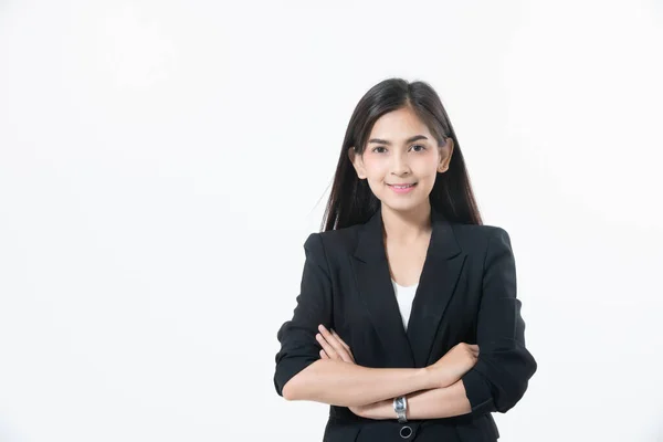 Asiatische Geschäftsfrauen Lächeln Und Arbeiten Glücklich Auf Weißem Hintergrund — Stockfoto