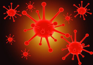 Coronavirus hastalığının soyut hali COVID-19 enfeksiyonu. Koyu arka planda kırmızı kan hücreleri olan tıbbi bir hastalık.