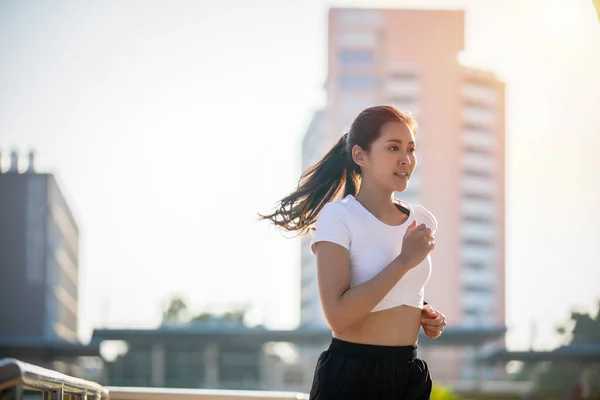 Asian Young Fitness Sport Woman Running Smiling City Road — Stock Photo, Image