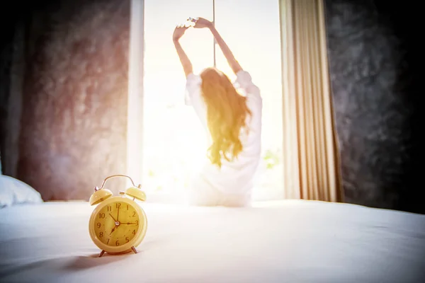 Alarm Clock Having Good Day Asian Woman Waking Her Bed — Stock Photo, Image