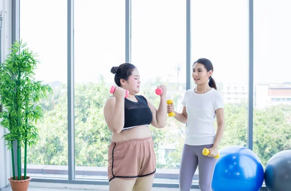 two Asian woman exercising with dumbbell at home