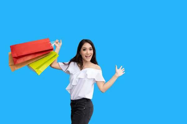 Beautiful Asian Young Woman Shopping Bags Smile While Standing Clothing — Stock Photo, Image