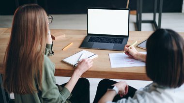 Back view of two young woman working in modern office using laptop and smart phone