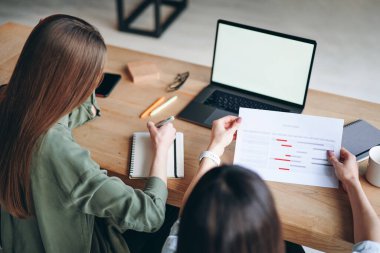 Back view of two young woman working in modern office using laptop and charts