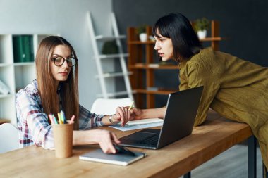 Two serious businesswomen having a meeting using laptop in office
