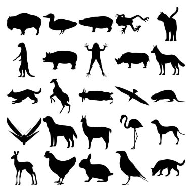 25 hayvan seti. Bison, Duck, Hippopotamus, Kurbağa, Kedi, Meerkat, Domuz, Gergedan, Çakal, Köpek, Geyik, Buffalo, Albatros, Kunduz, Güve, Labrador, Lama, Flamingo, Dalmaçya, Doe, Tavuk, Tavşan, Karga,.