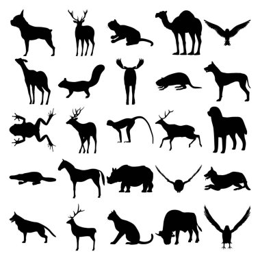 25 hayvan seti. Boston Terrier, Camel, Bird, Squirrel, Stag, Beaver, Frog, Monkey, Labrador, Platypus, Horse, Rhino, Baykuş, Geyik, Kedi, Buffalo, Goshawk.